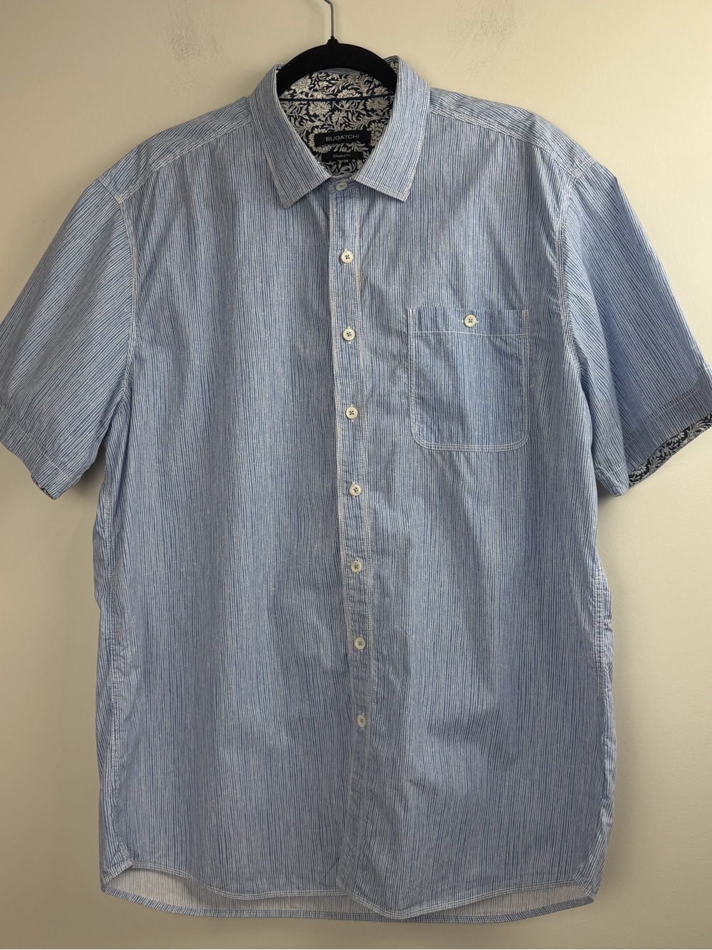 BUGATCHI Shaped Fit Blue Short Sleeve 100% Cotton Button-up  Shirt Size M